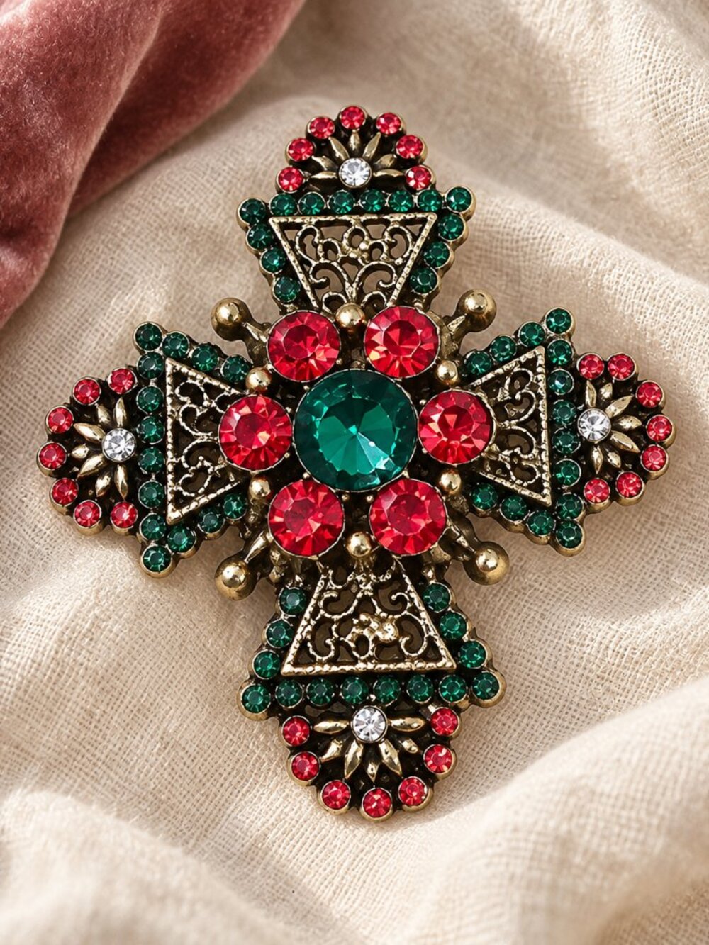 Red & Emerald Green Rhinestone Maltese Cross Brooch Filigree Gold Toned